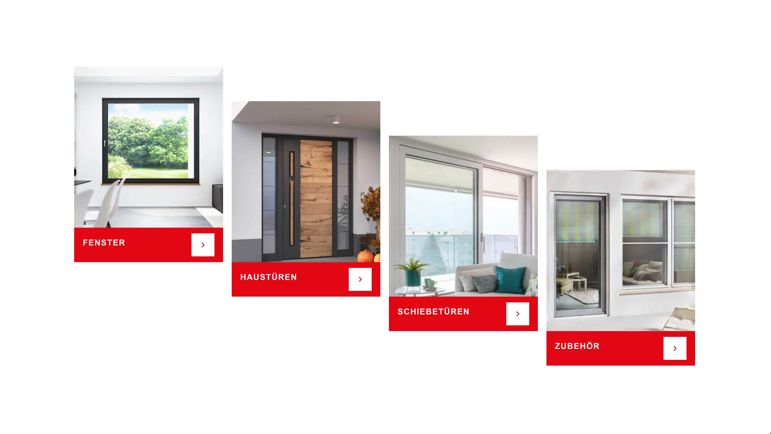 Doratec GmbH homepage: four product tiles, windows, front doors, sliding doors and accessories, stepping down the page