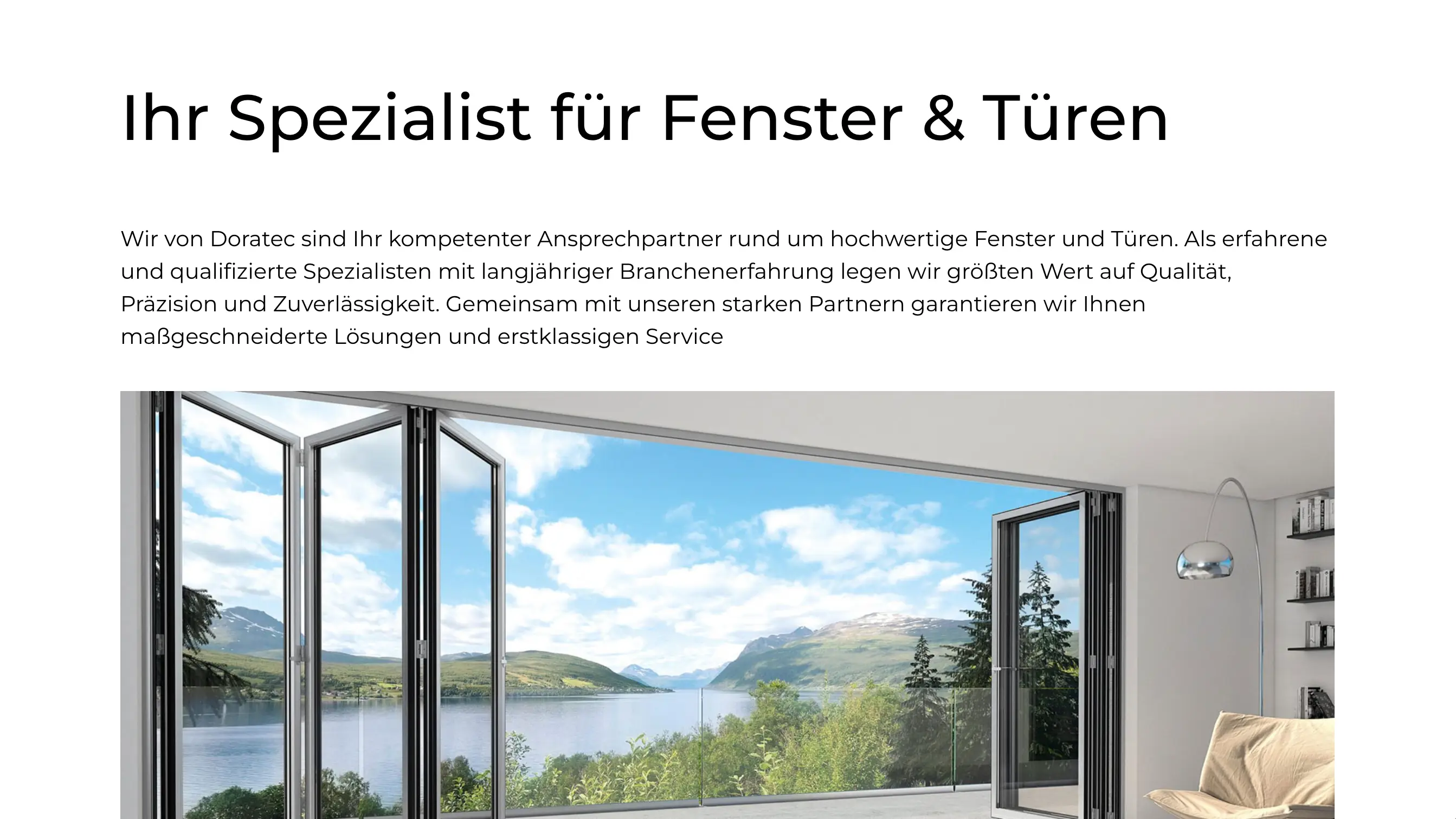 Doratec GmbH “Ihr Spezialist für Fenster & Türen”: the introduction above folding glass doors open onto a lake