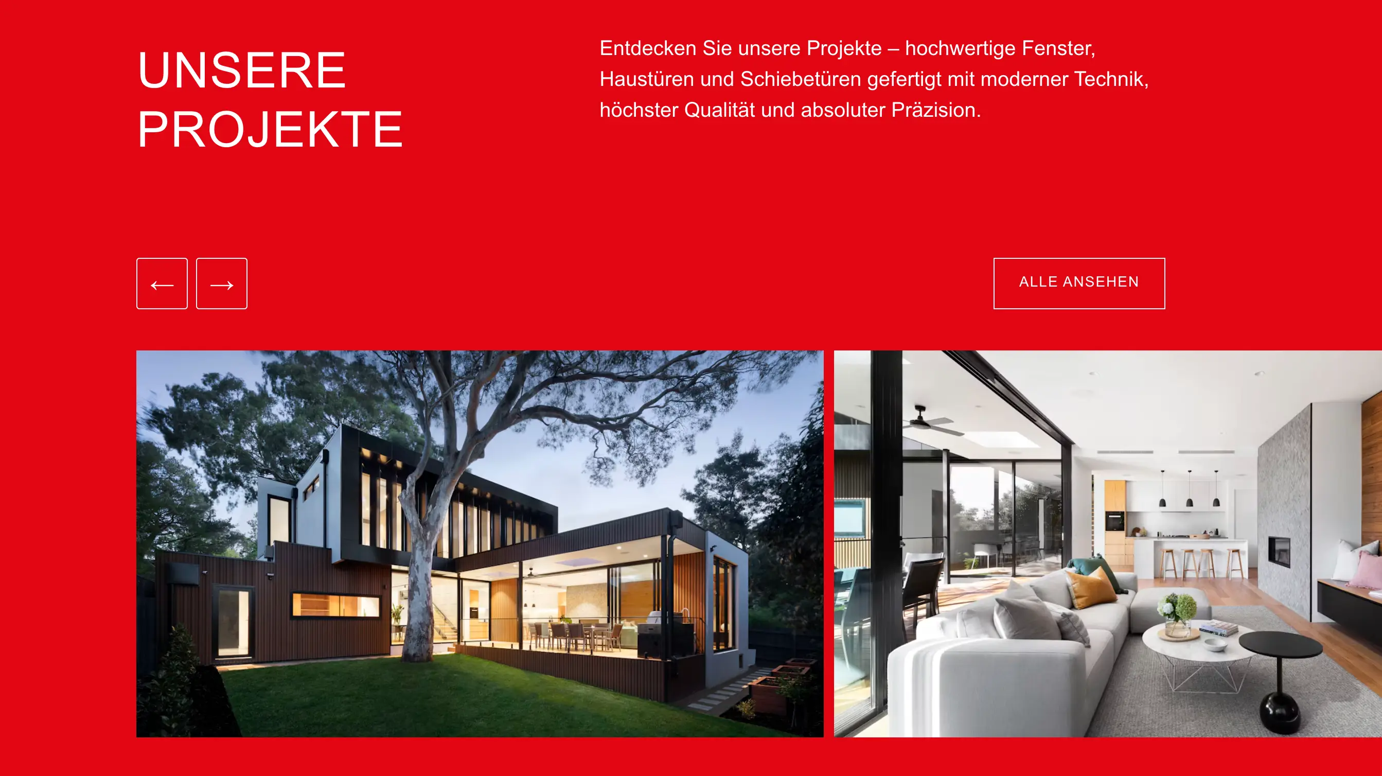 Doratec GmbH “Unsere Projekte”: a red band with its arrows and “Alle ansehen” above a carousel of houses