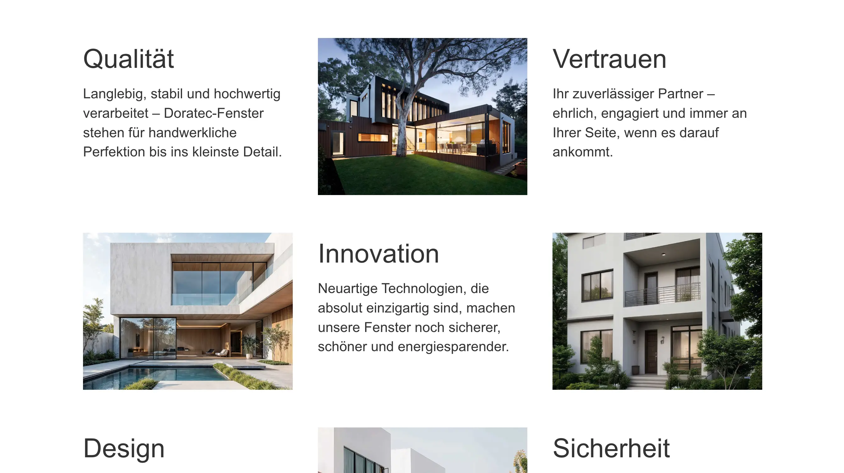Doratec GmbH “5 gute Gründe für Doratec-Fenster”: quality, trust and innovation beside photographs of modern houses