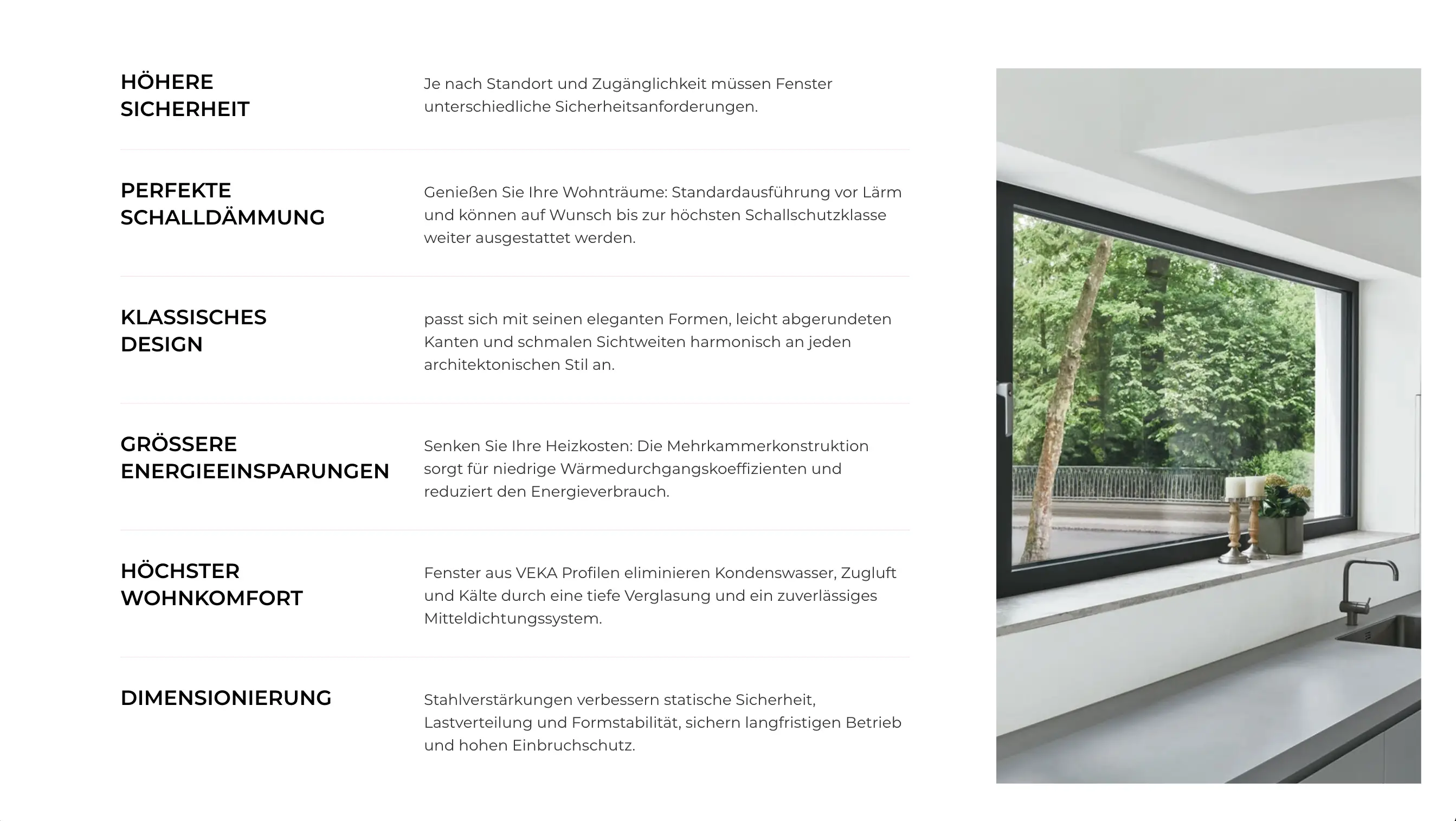 Doratec GmbH windows page: six benefits, from security and sound insulation to steel-reinforced frames, beside a kitchen window