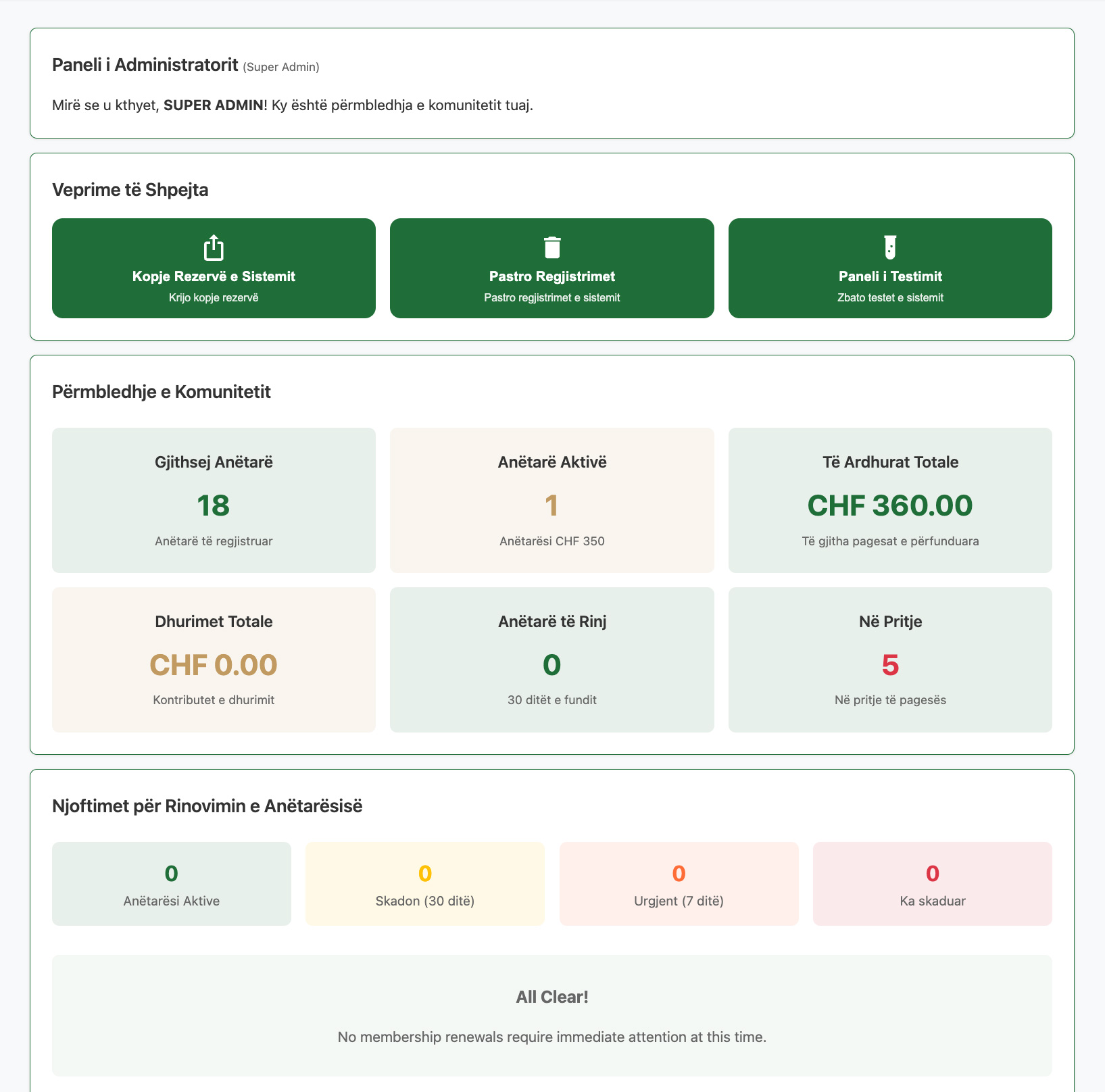 En-Nur administrator panel: quick actions, the community overview of members, income and donations, and membership renewals