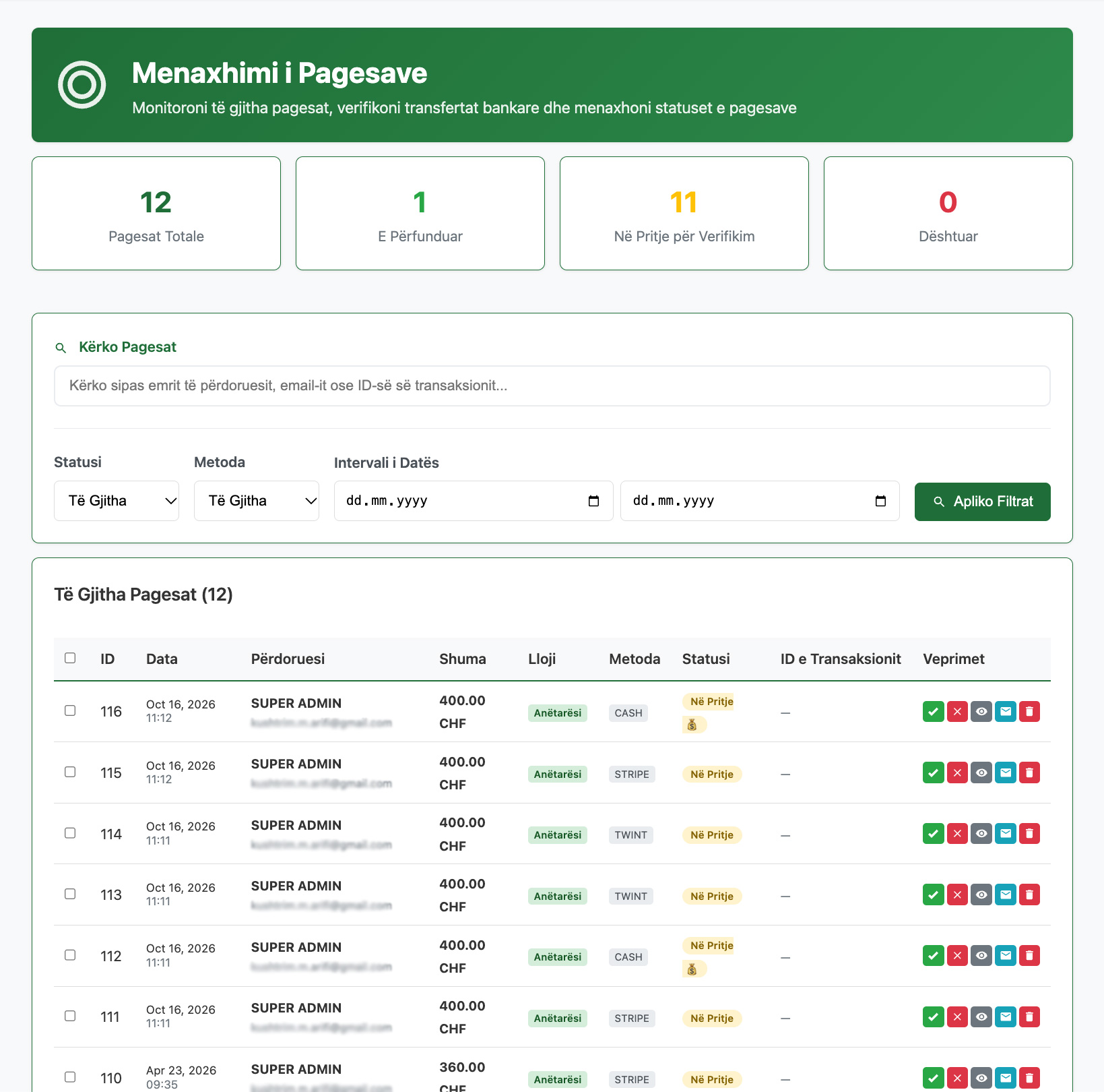 En-Nur payment management: totals by status, search and filters, and the list of every payment