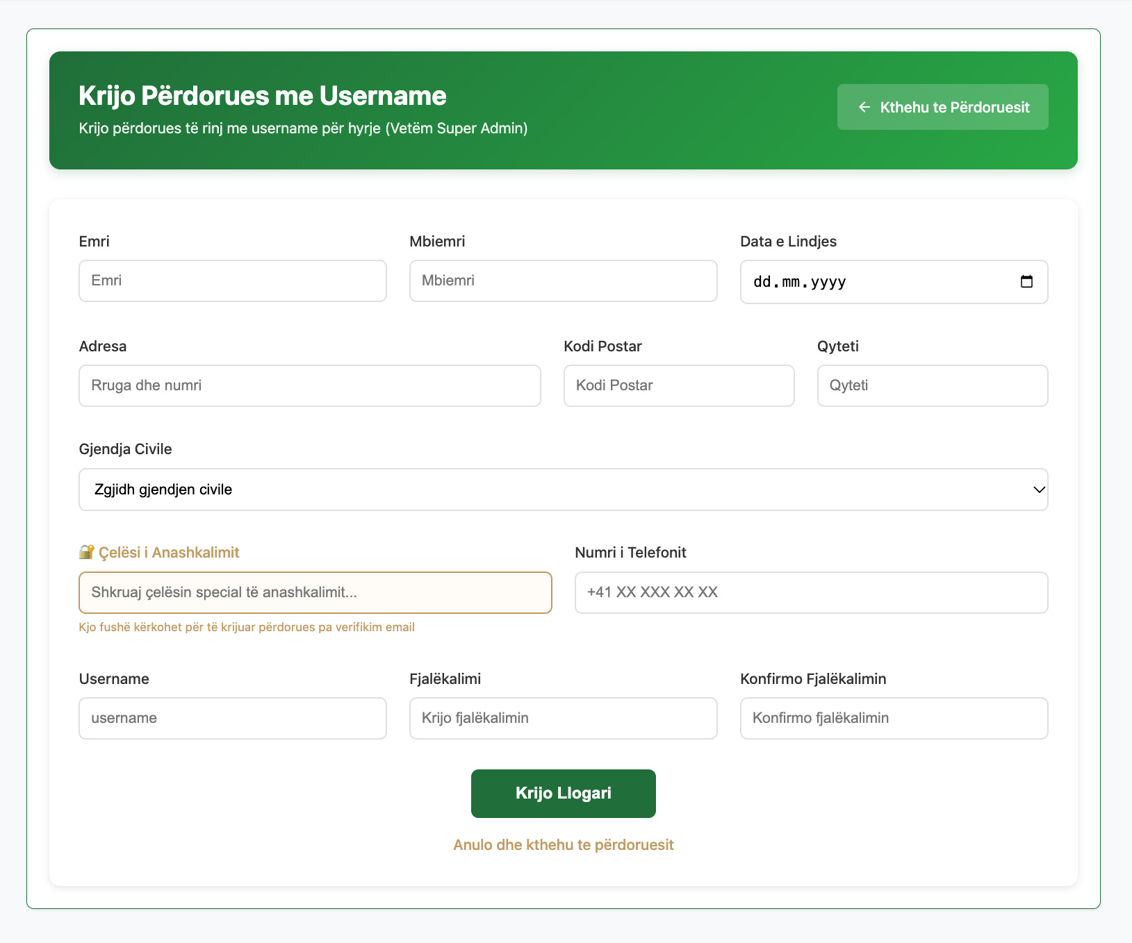 En-Nur administrator form for creating a member account with a username