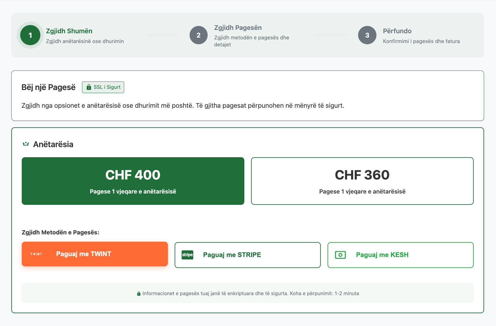 En-Nur payment, step one: choose a membership amount in CHF and pay by TWINT, Stripe or cash