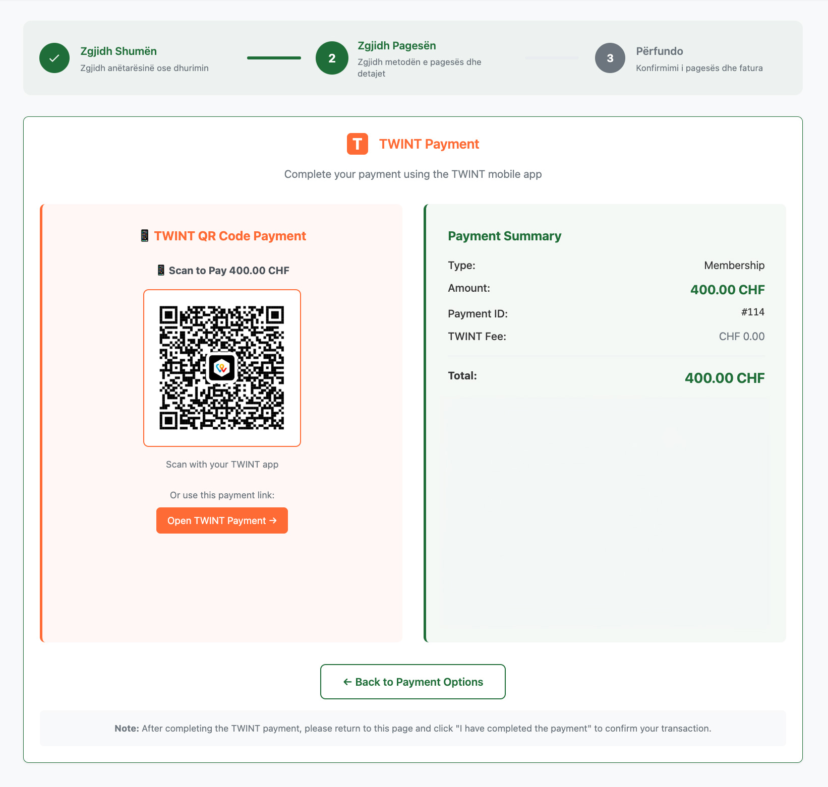En-Nur TWINT payment: a QR code to scan with the TWINT app, beside the payment summary