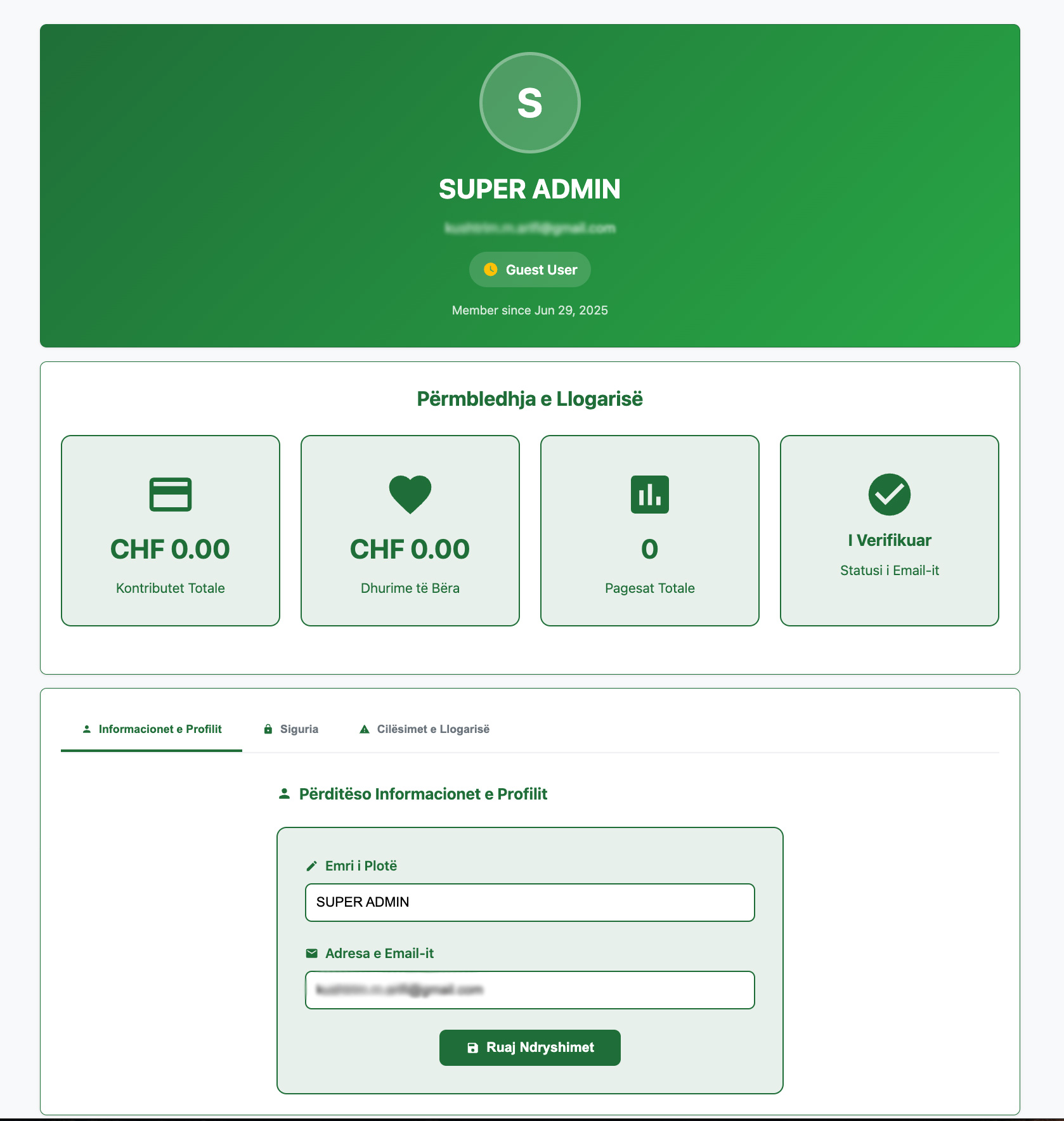 En-Nur member profile: the account summary of contributions, donations and payments, and the profile form