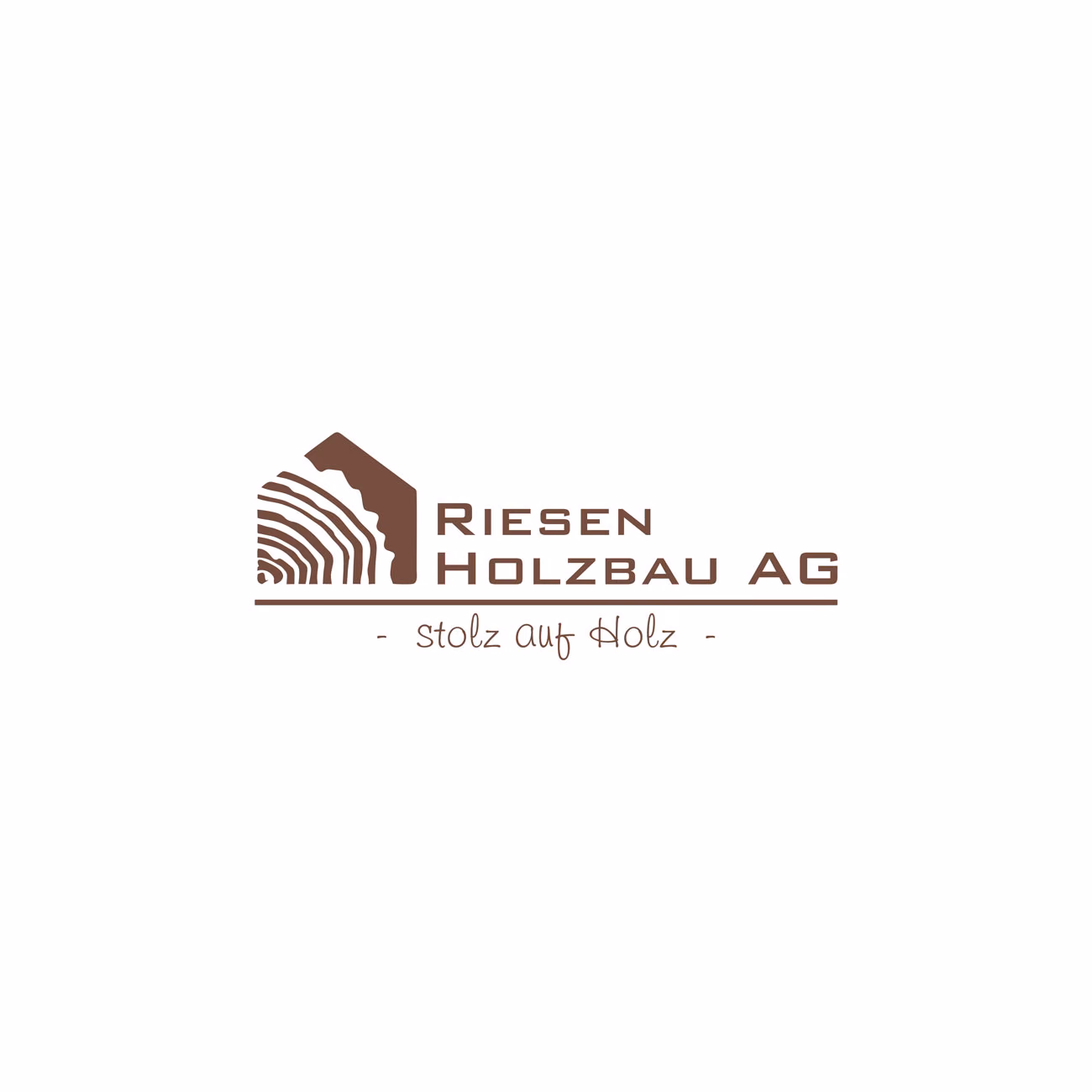 Riesen Holzbau AG logo in wood brown on white: the house cut from a log, the wordmark and Stolz auf Holz