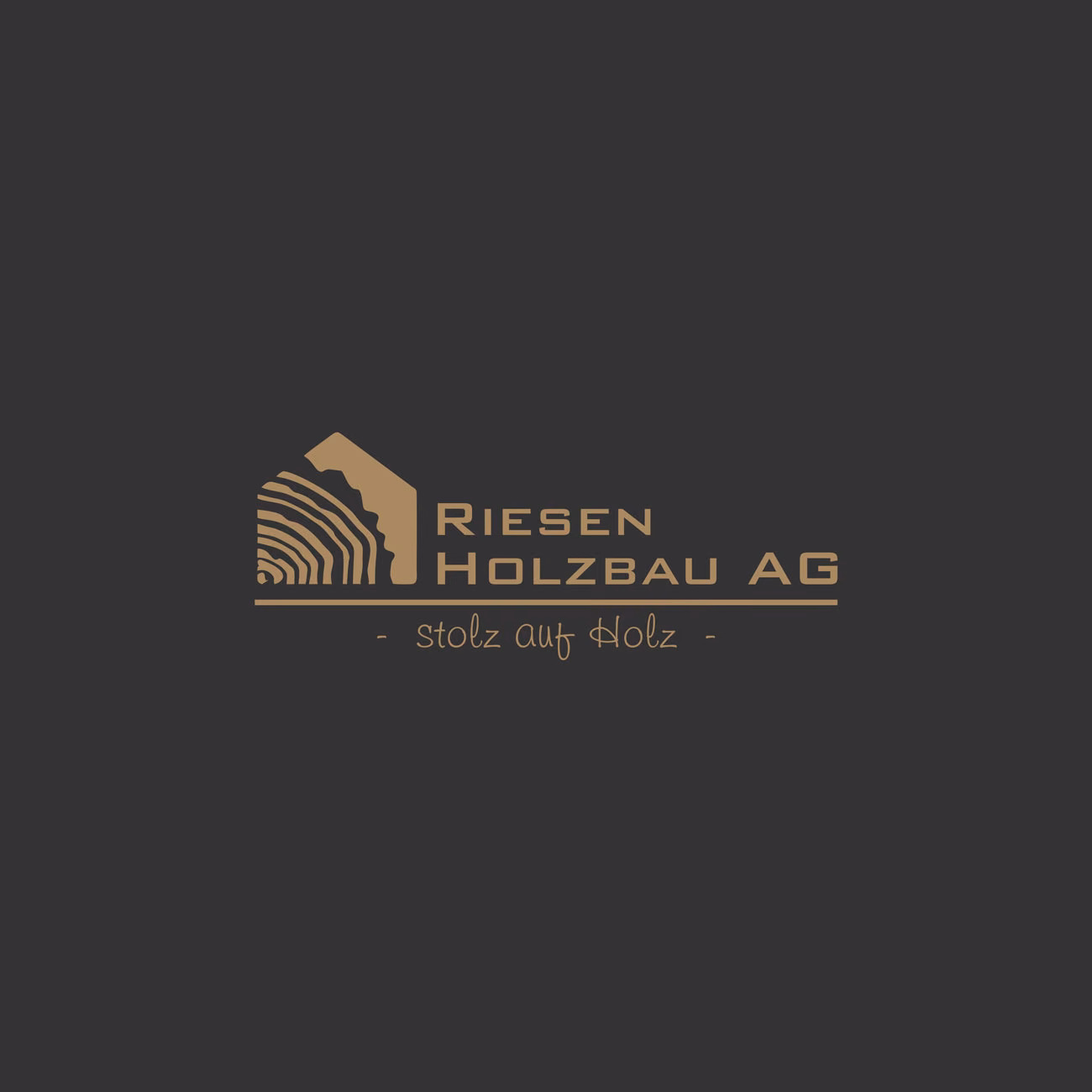 Riesen Holzbau AG logo in timber tan on charcoal: the house cut from a log, the wordmark and Stolz auf Holz