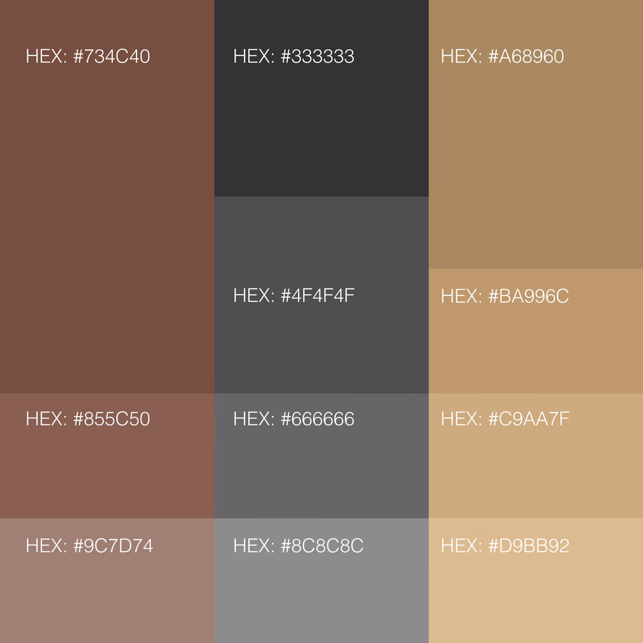 Riesen Holzbau AG colour palette: wood browns from #734C40, charcoal greys from #333333 and timber tones to #D9BB92