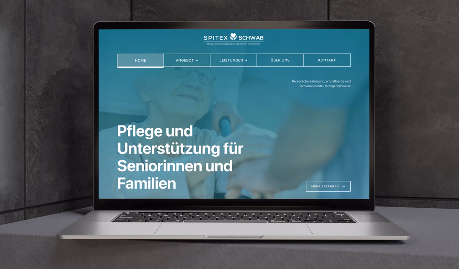 Spitex Schwab AG website on a laptop: the teal homepage, “Pflege und Unterstützung für Seniorinnen und Familien”
