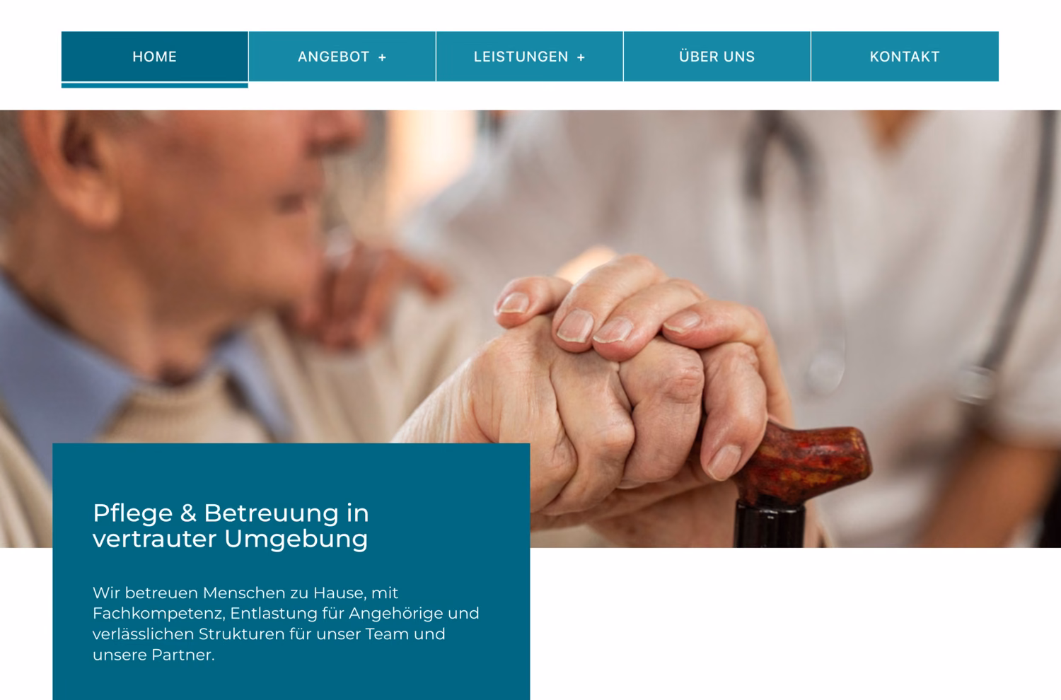Spitex Schwab AG “Pflege & Betreuung in vertrauter Umgebung”: text in a solid teal panel over a photo