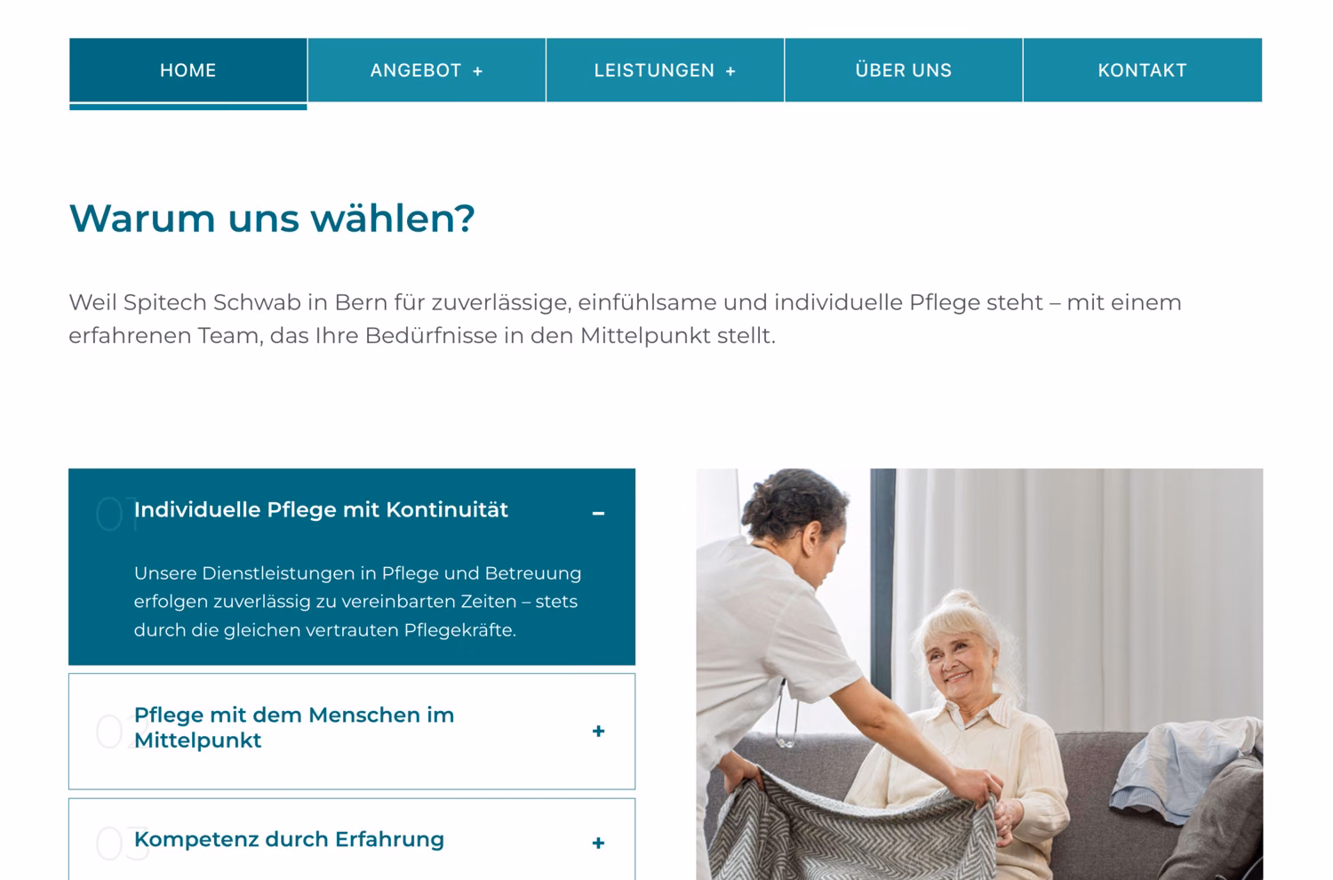 Spitex Schwab AG “Warum uns wählen?” section with expandable reasons beside a care photo