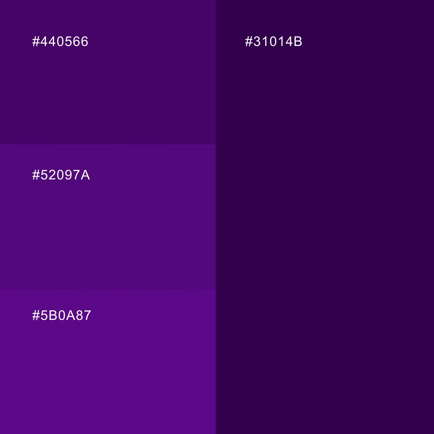 WMK colour palette: the four deep purples #31014B, #440566, #52097A and #5B0A87
