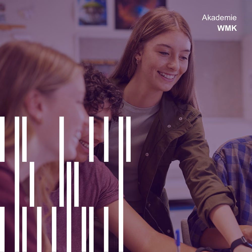 WMK square social post: a smiling student in the purple duotone, the bar pattern and Akademie WMK