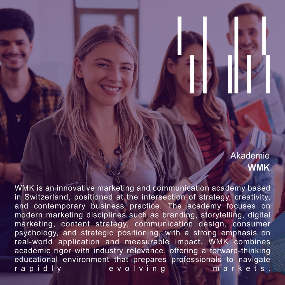 WMK square post: students in the purple duotone, the bars, and a paragraph about the academy under Akademie WMK